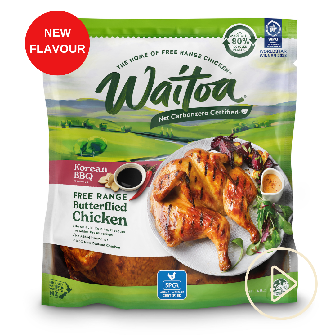 Package of Waitoa Korean BBQ flavour butterflied chicken with a red NEW button in the corner and a play button link
