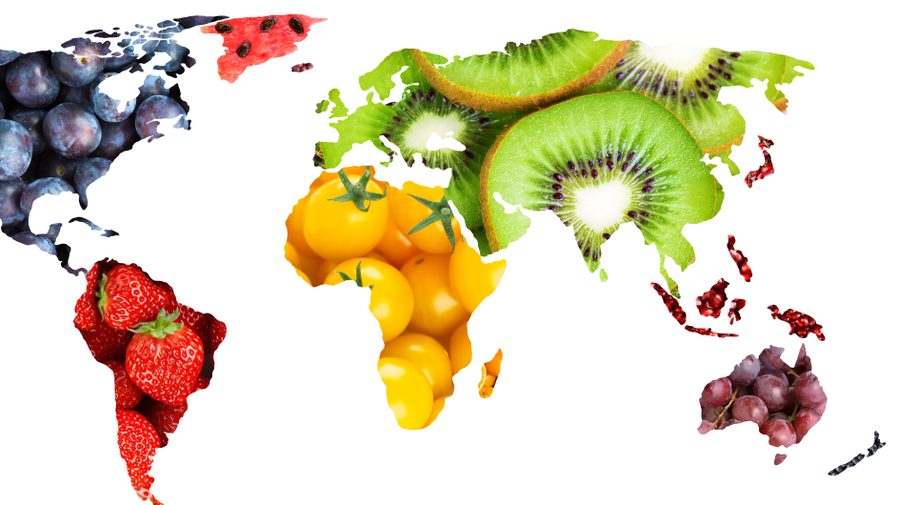 World,Map,Of,Fruits,And,Vegetables.,Fresh,Food.,Concept
