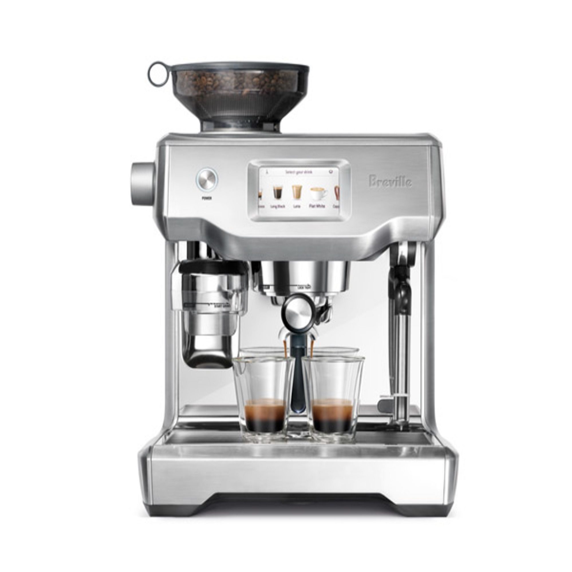 Breville The Oracle Touch espresso coffee machine in a sleek brushed and polished stainless steel finish pouring two cups simultaneously integral coffee bean grinder