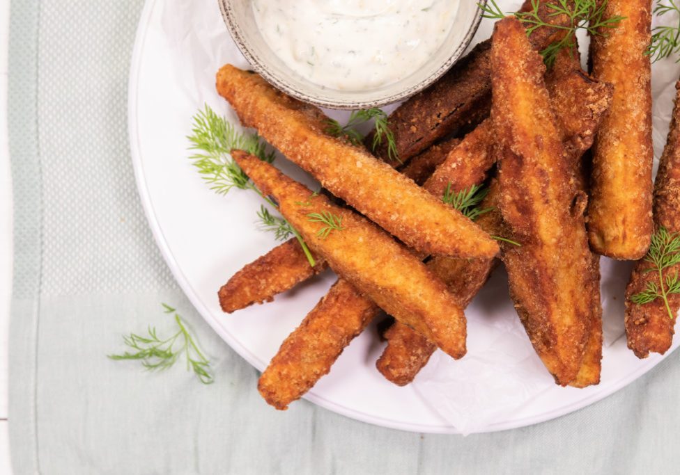 Crumbed Aubergine “Fries” with Lemon Dill Mayo 2