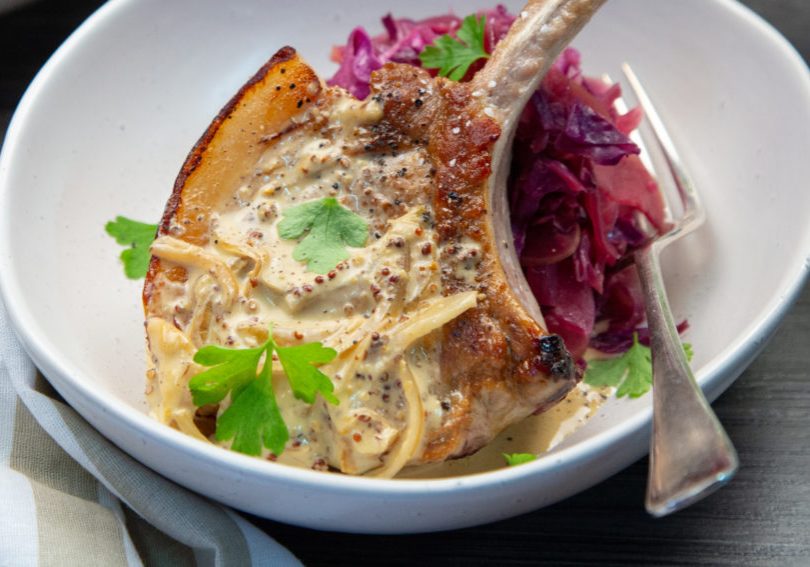 Pork Chops with Mustard Sauce and Braised Apple & Cabbage