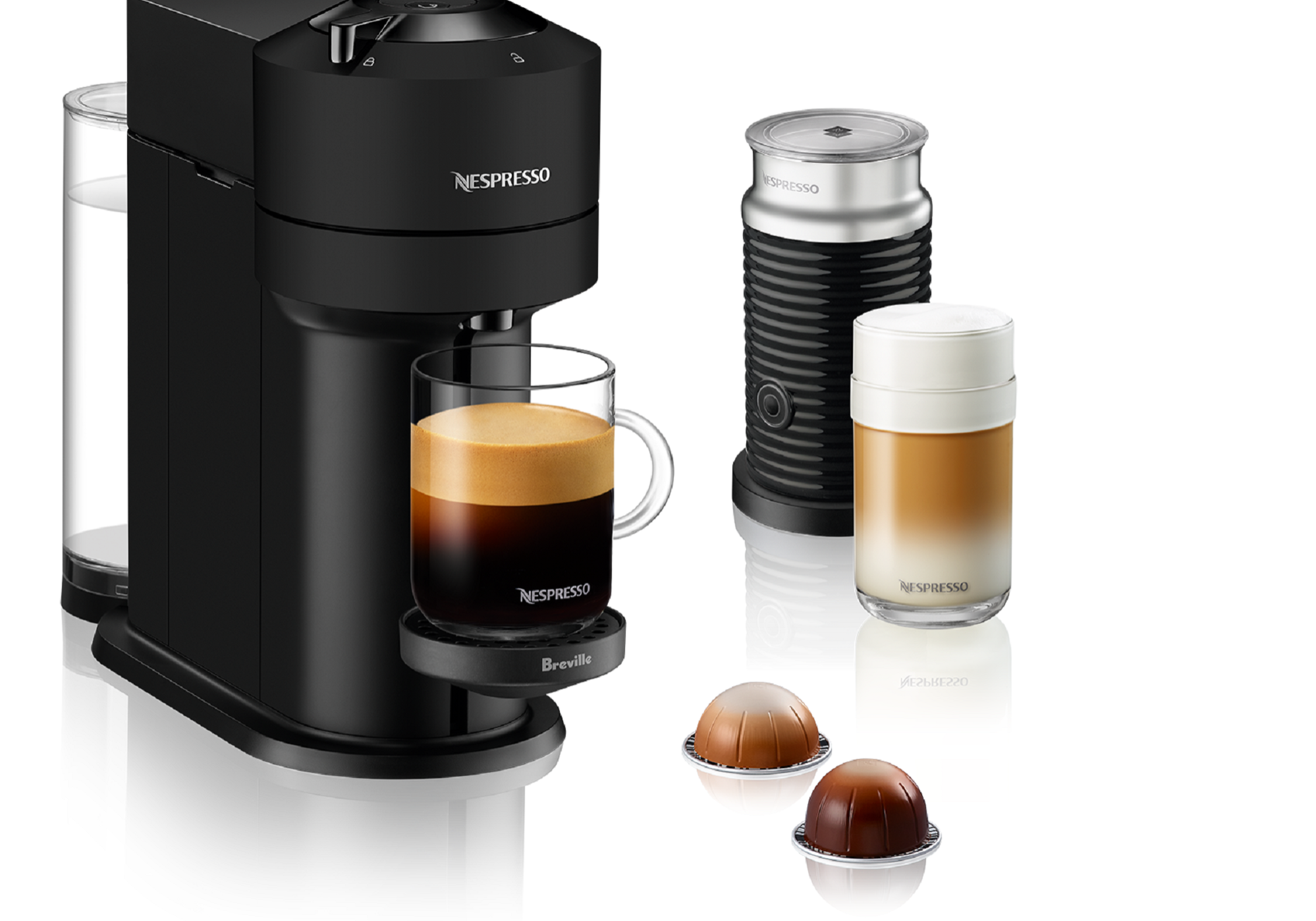 Nespresso Vertuo Next coffee machine single cup with a matt black finish and accessories that are included in the budle thermos flask next to the machine