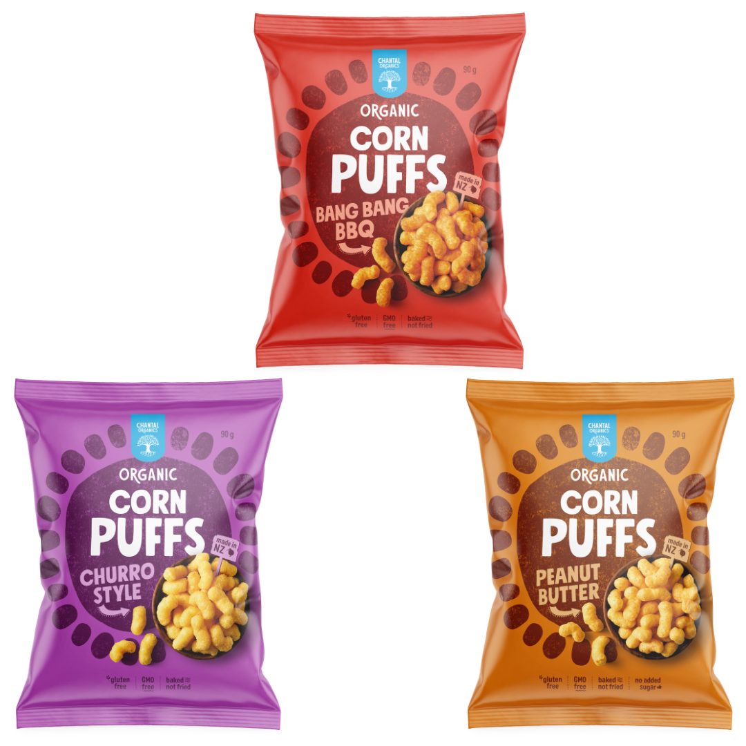 Three bags of Chantal Organics cornpuffs in assorted flavours